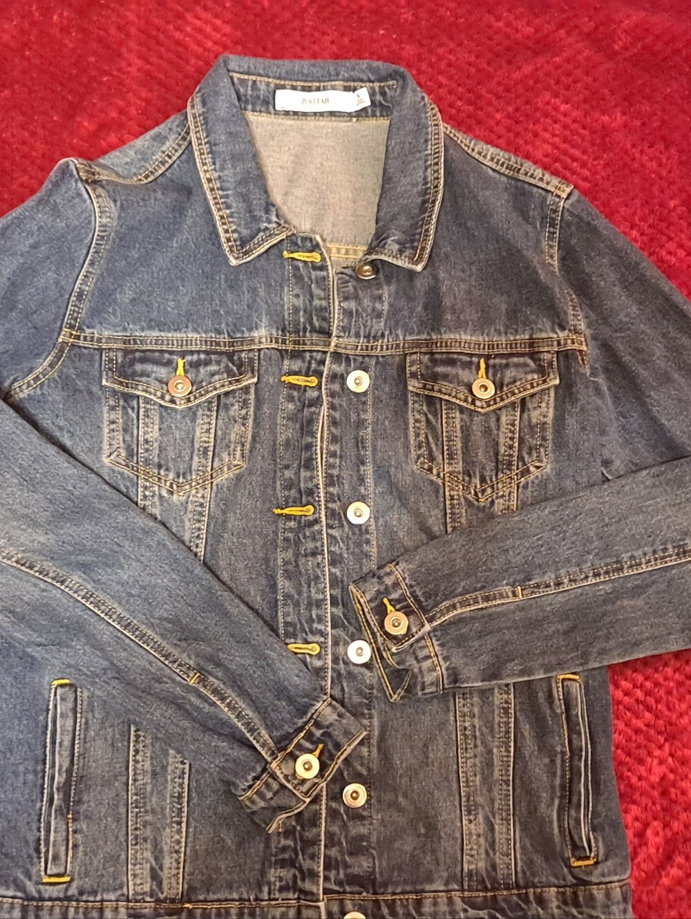 Just Fab Classic Blue Denim Jacket with Yellow Stitch Accents Sz S